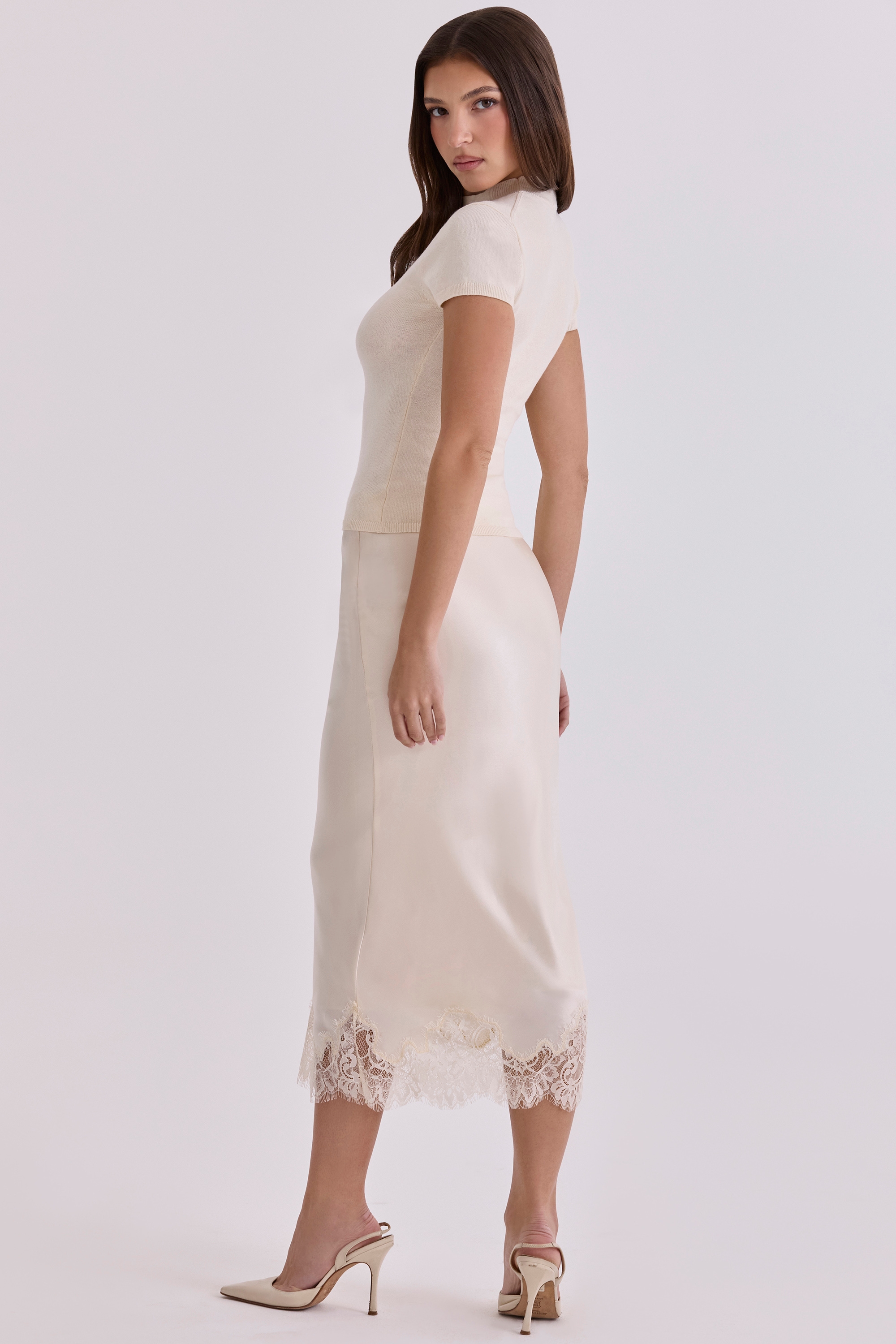 vintage ivory satin + lace midi skirt