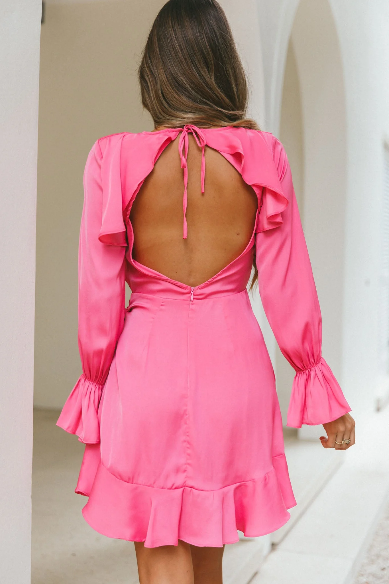 Darla Long Sleeve Satin Dress Hot Pink - luluinthesky