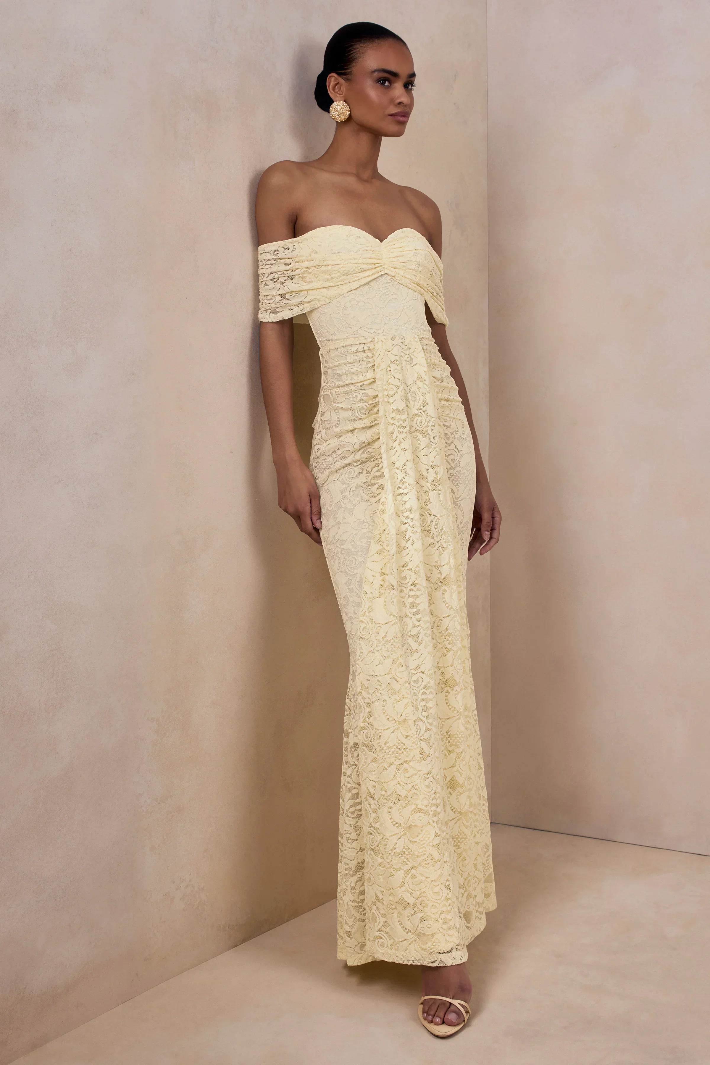 Aries | Lemon Lace Bardot-Neck Maxi Dress With Gathered Detailing