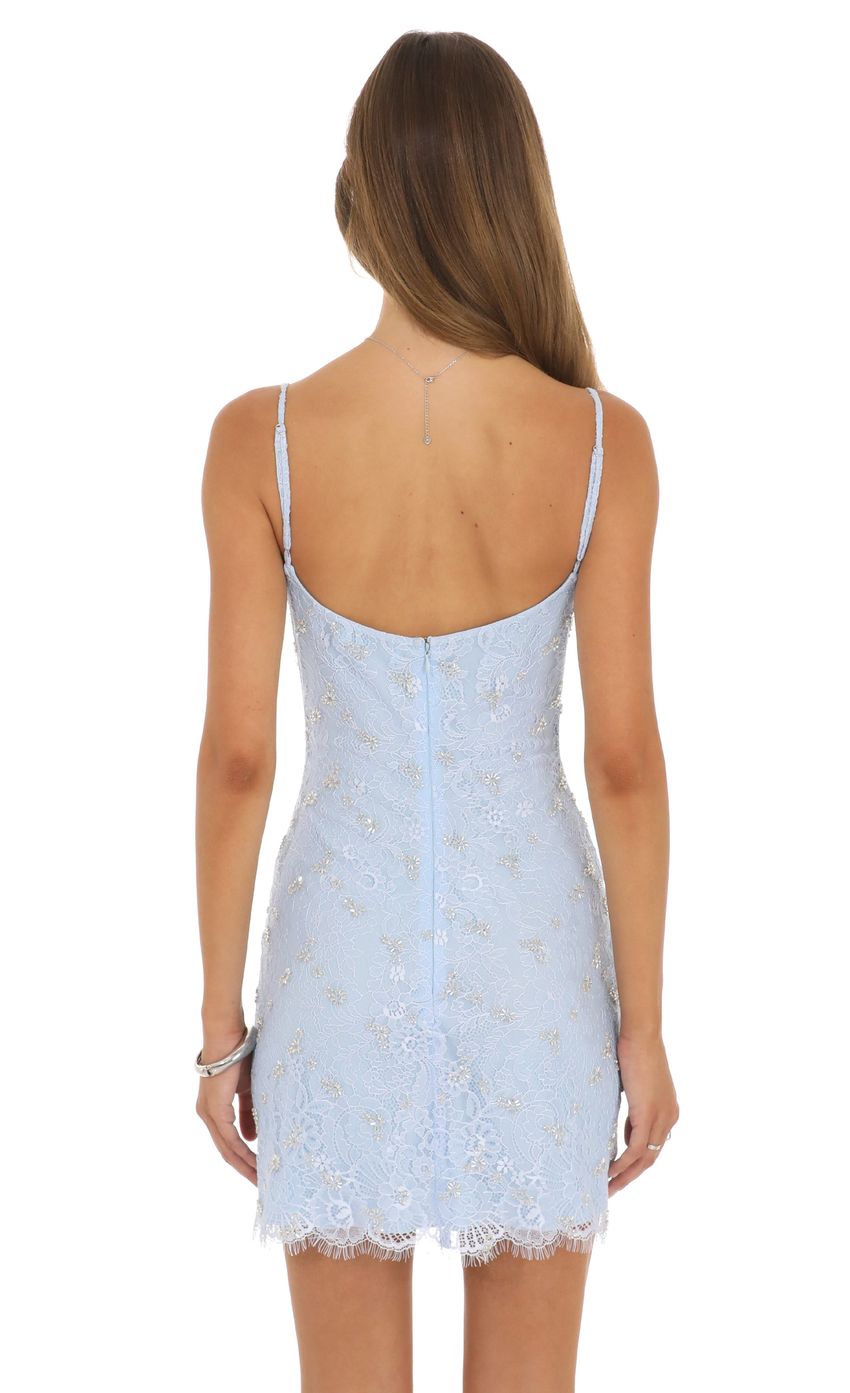 Beaded Lace Mini Dress in Light Blue