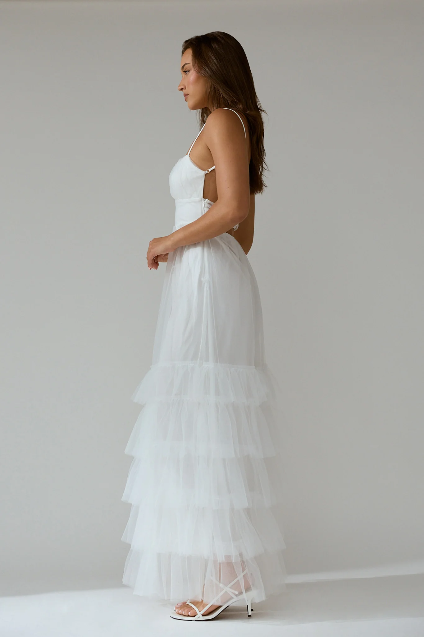 Nerida Twist Back Frill Trim Mesh Maxi Dress White