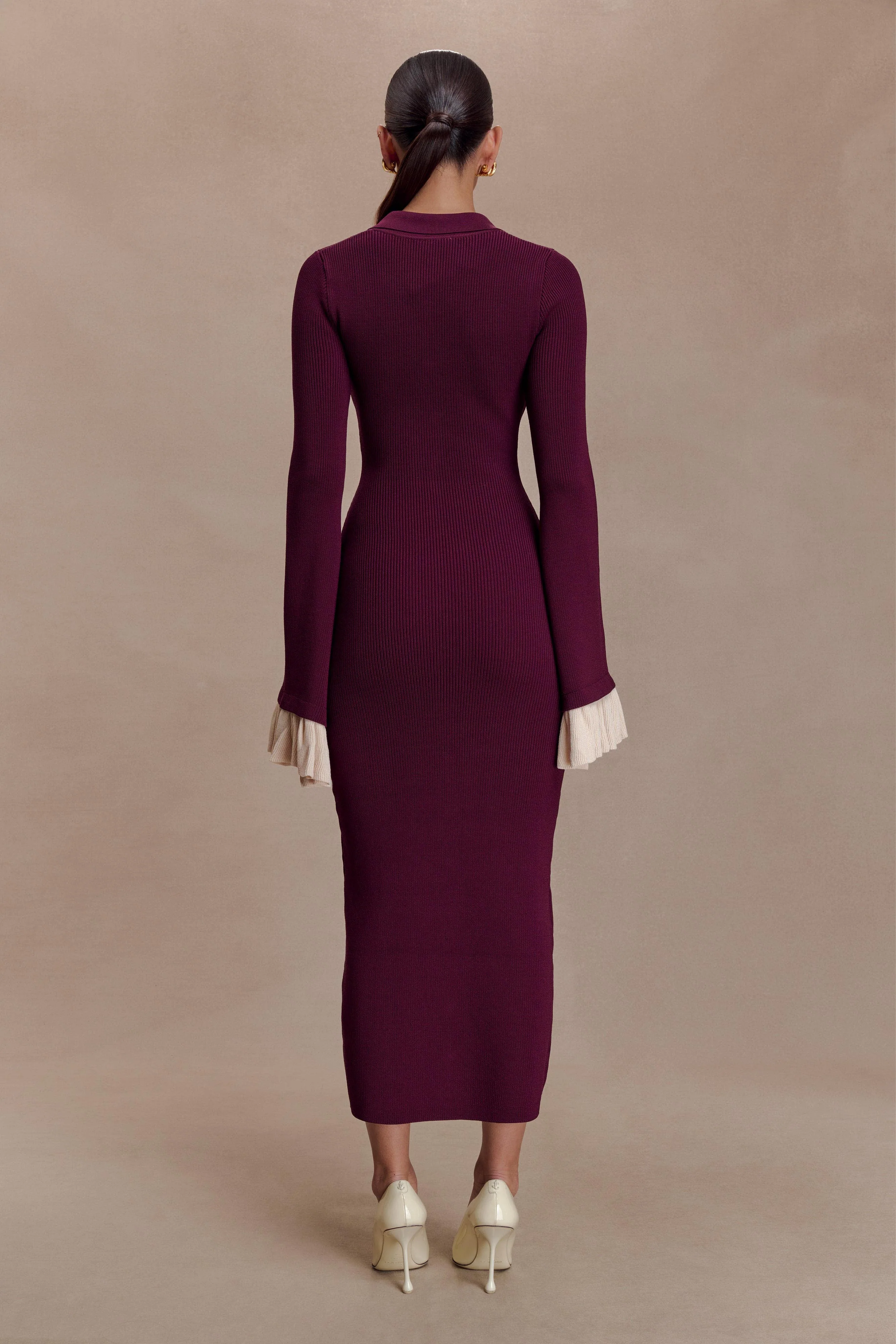 Amirose Ruffle Knit Midi Dress - Plum