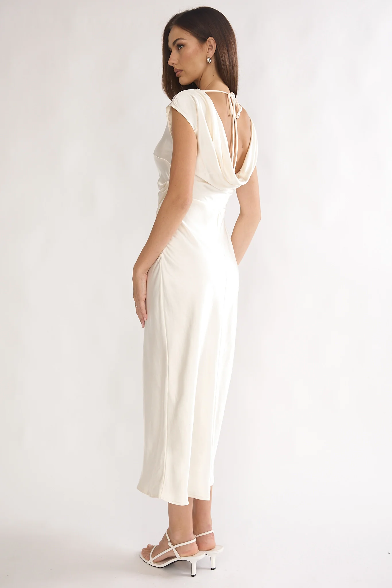 Loveland Pleat Cowl Back Midi Dress Oyster - luluinthesky