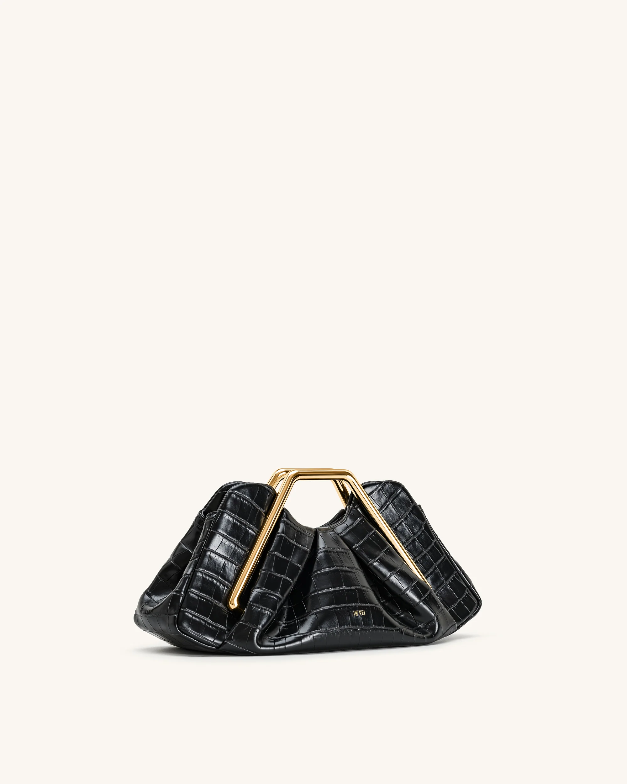 Lila Faux Croc-Effect Metal Frame Clutch - Black