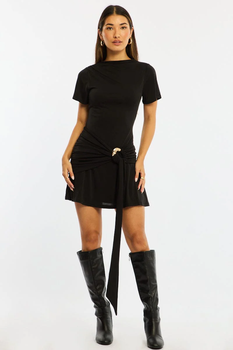 Black Mini Dress Drape Detail