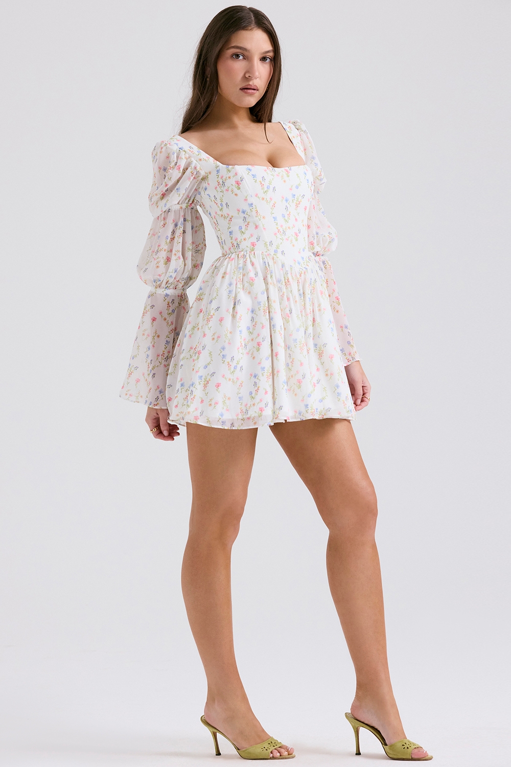 White Posy Print Puff Sleeve Mini Dress