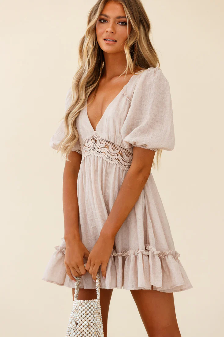 Everleigh Milkmaid Sleeve Exposed Back Dress Beige