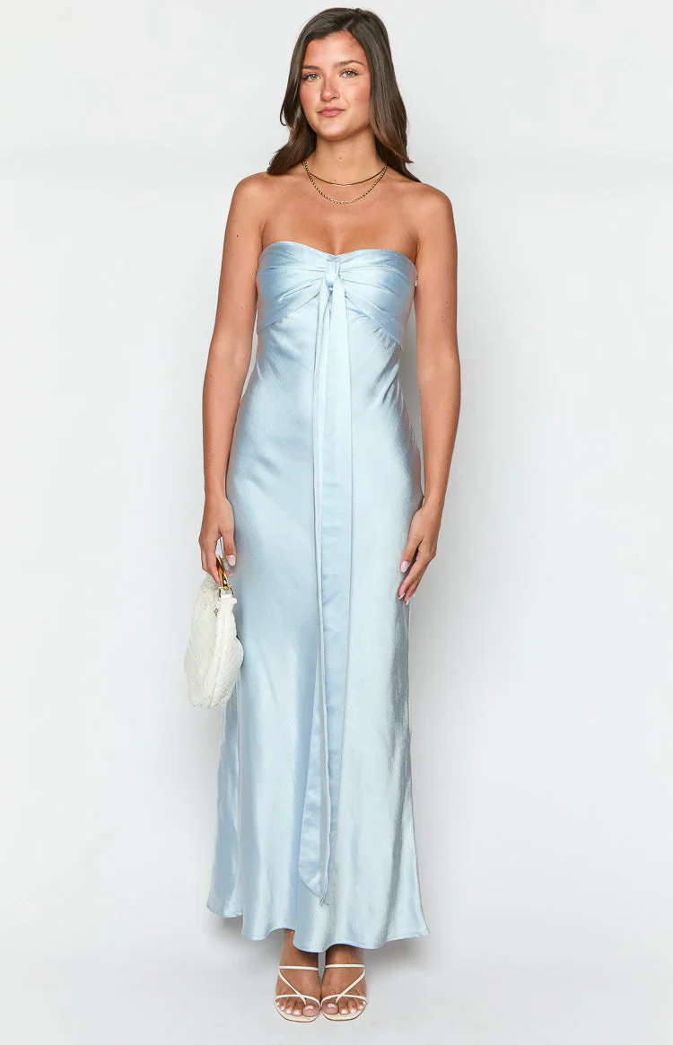 Ariella Blue Satin Strapless Maxi Dress