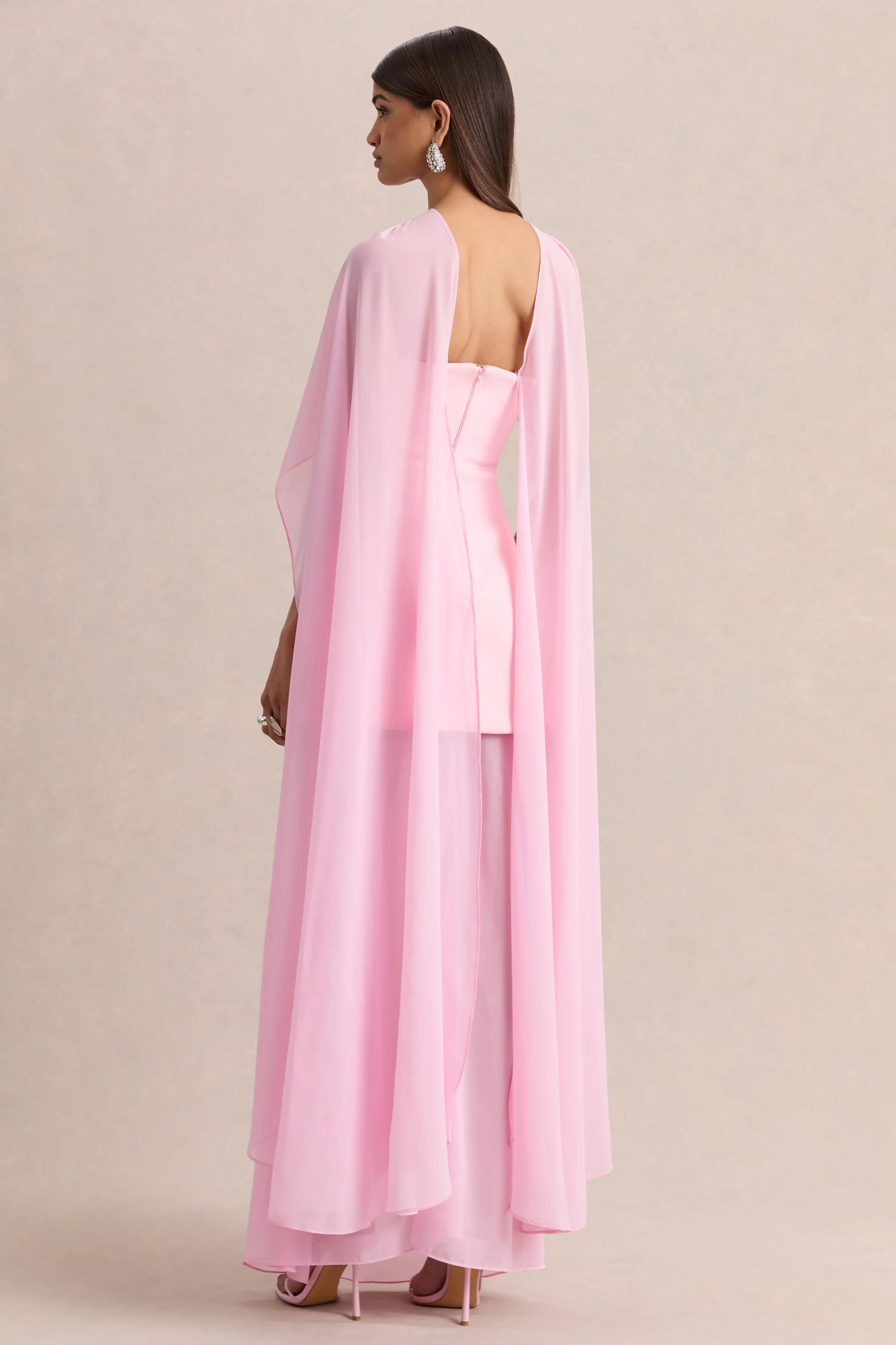 Chessa | Light Pink Boat-Neck Maxi Dress With Sheer Cape