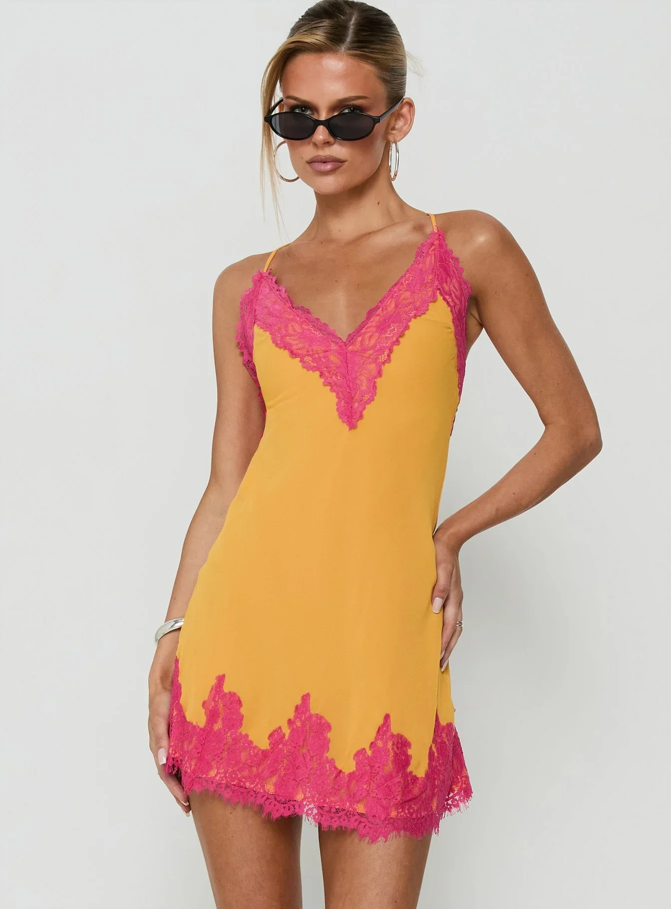 Call My Lover Lace Slip Mini Dress Gold / Fuchsia
