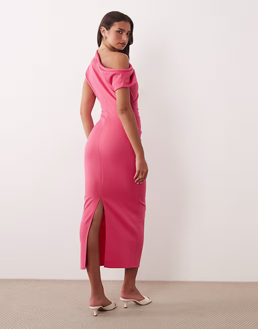 asymmetric off shoulder midi dress in pink scuba-style fabric