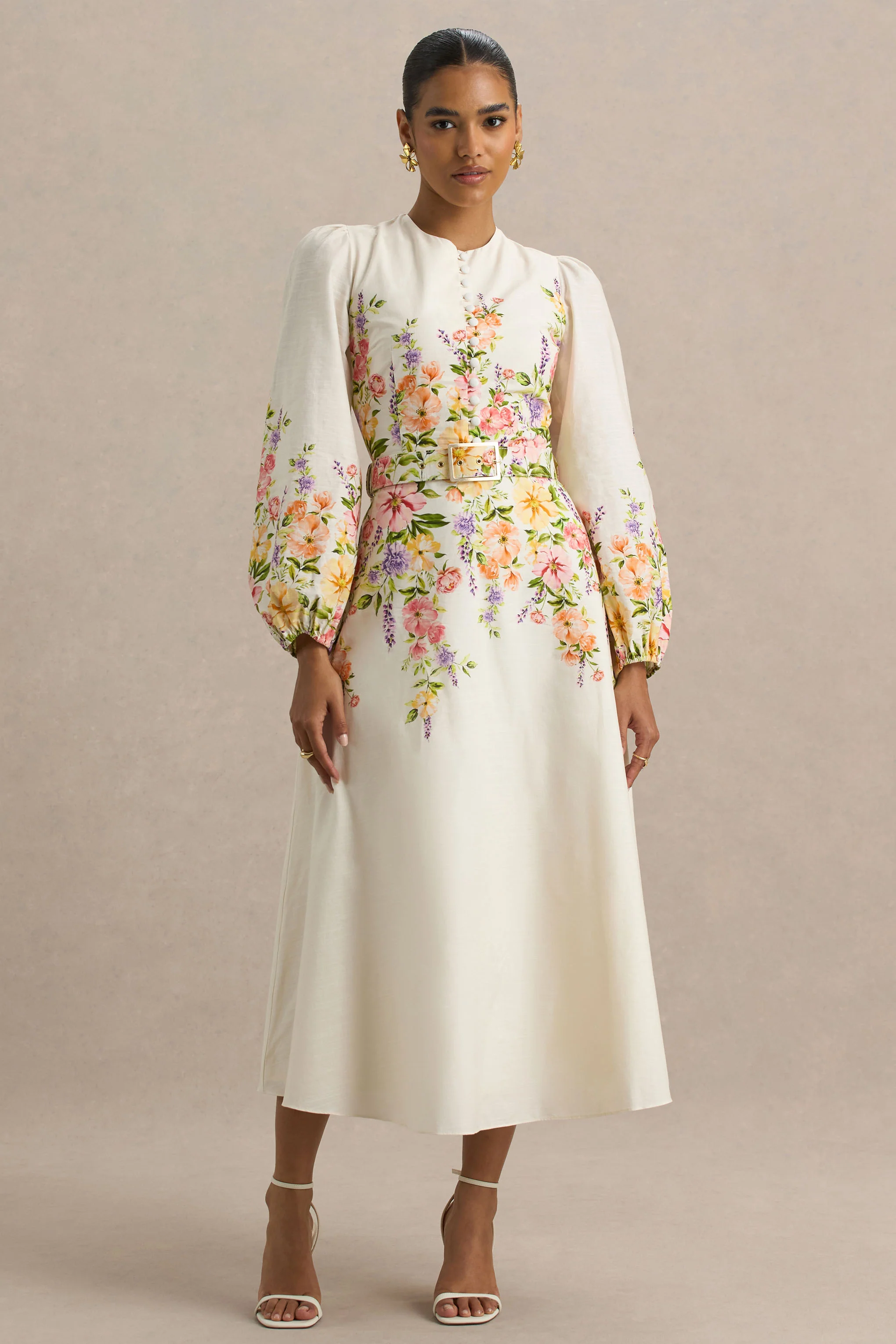 Dahlia | White Floral Border Print High-Neck Midi Dress