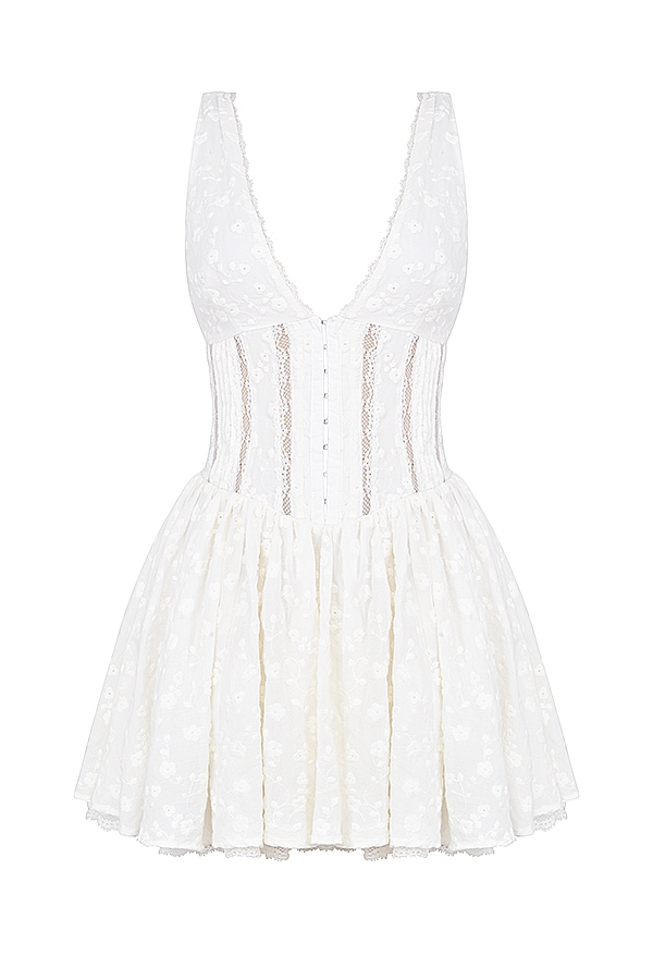 White Cotton Broderie Anglais Plunge Mini Dress