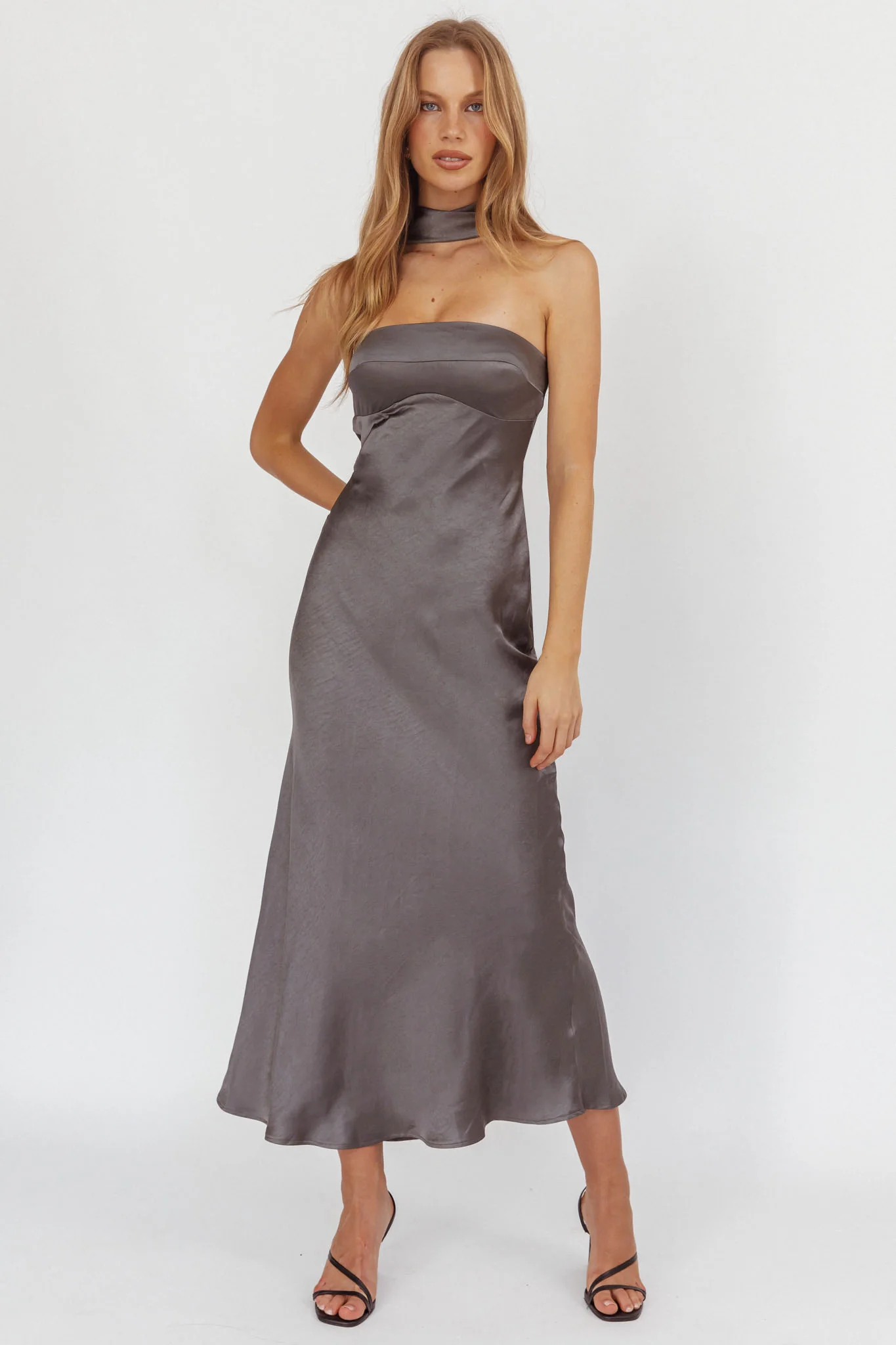 Damsel Reverse Halter Maxi Dress Satin Charcoal - luluinthesky
