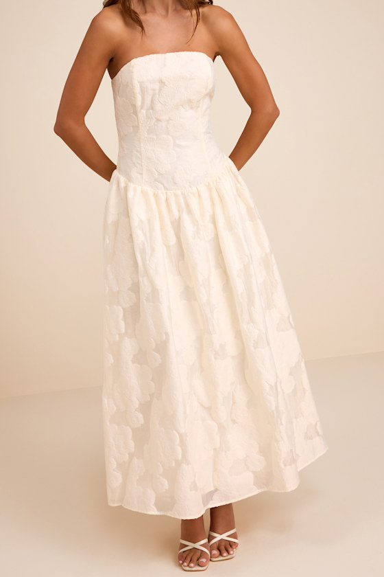 Calen Cream Floral Jacquard Drop Waist Maxi Dress