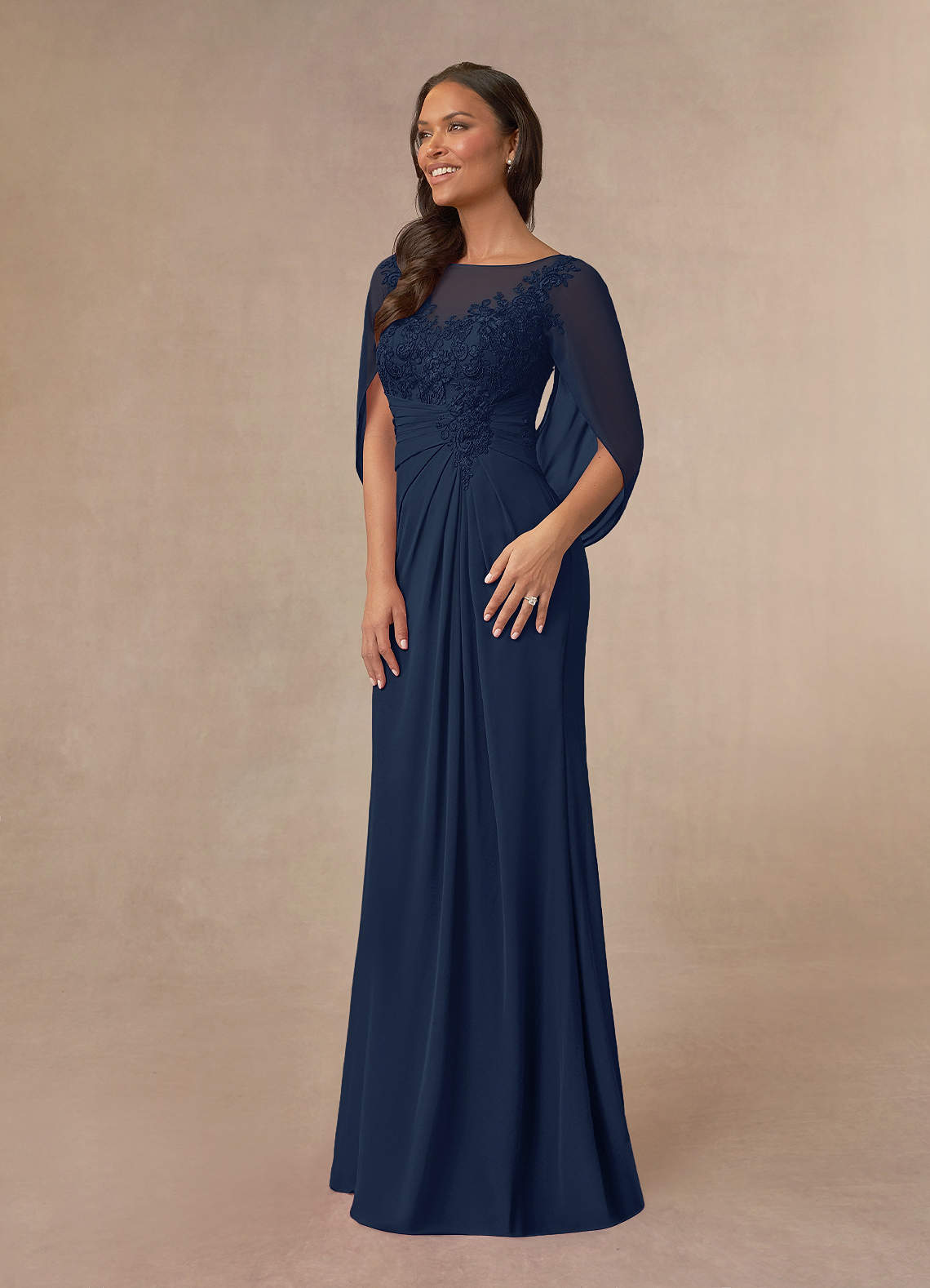 Dark Navy A-Line Lace Capelet Chiffon Dress
