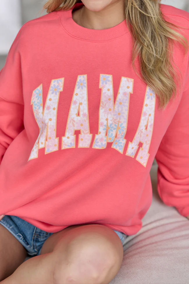 Mama Multi Daisy Print Light Red Graphic Sweatshirt