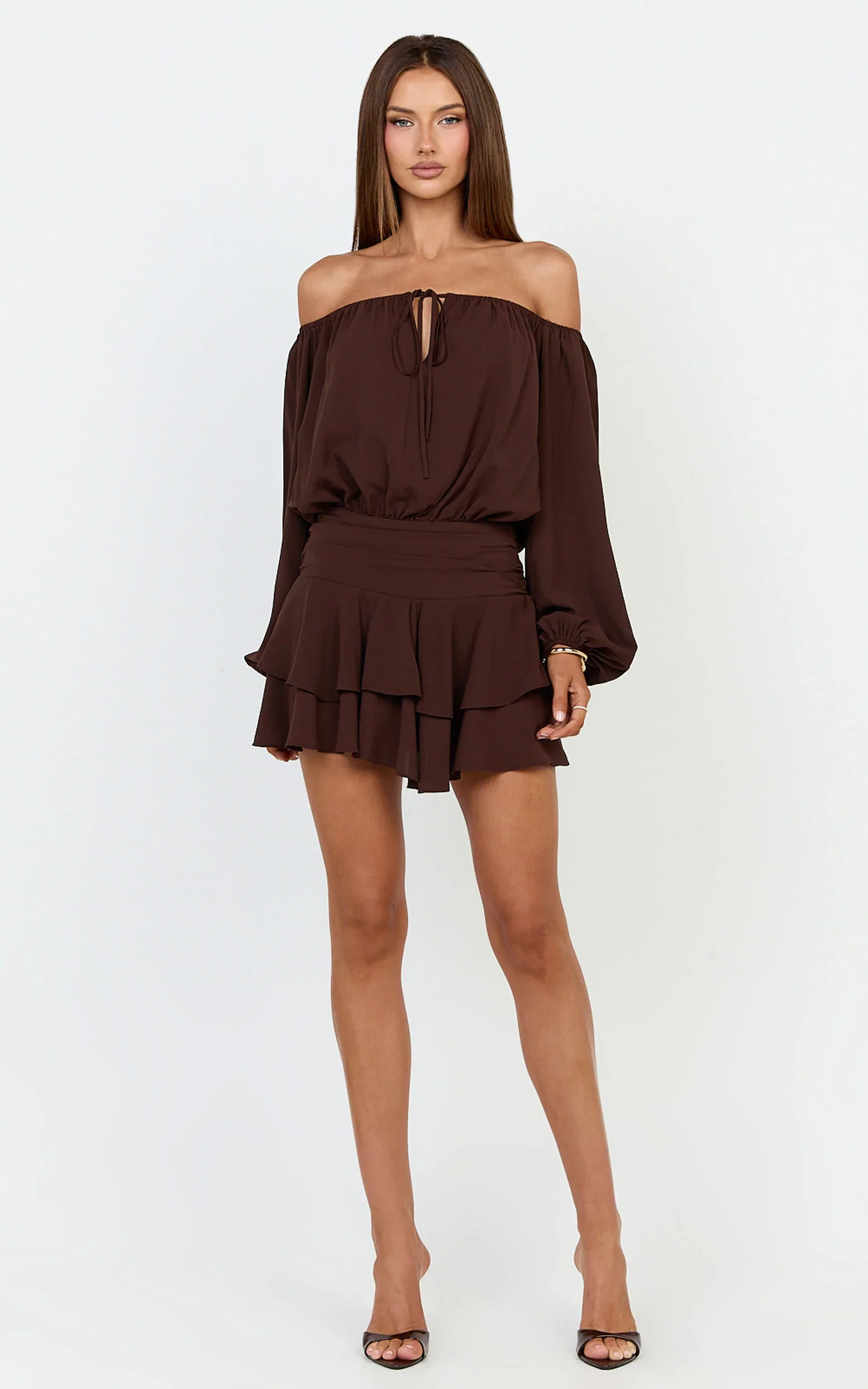 Sailor Mini Dress - Off Shoulder Ruffle Skirt Dress in Chocolate