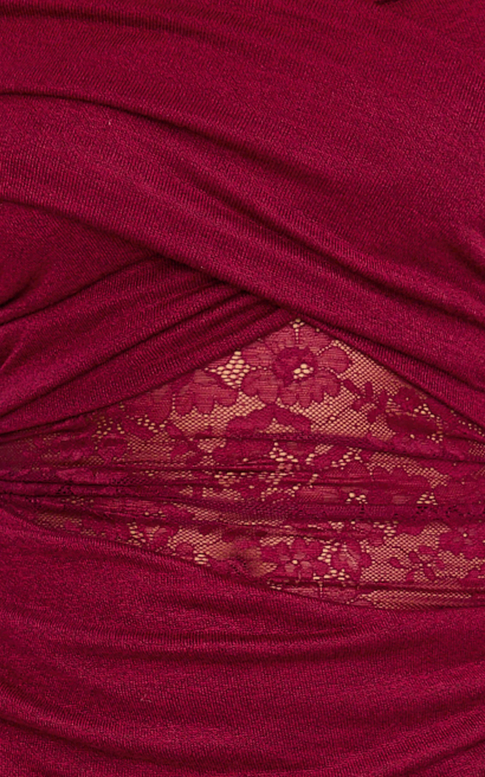 Juliet Mini Dress - Off Shoulder Lace Contrast Bodycon Dress in Wine