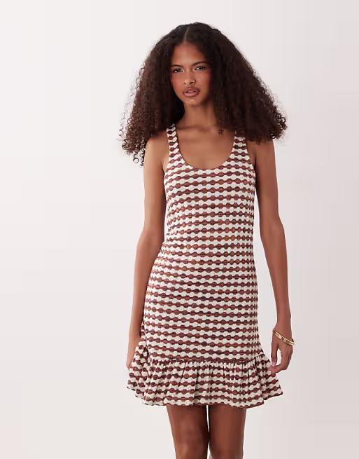crochet jersey scoop neck mini dress with frill detail in brown and cream gingham