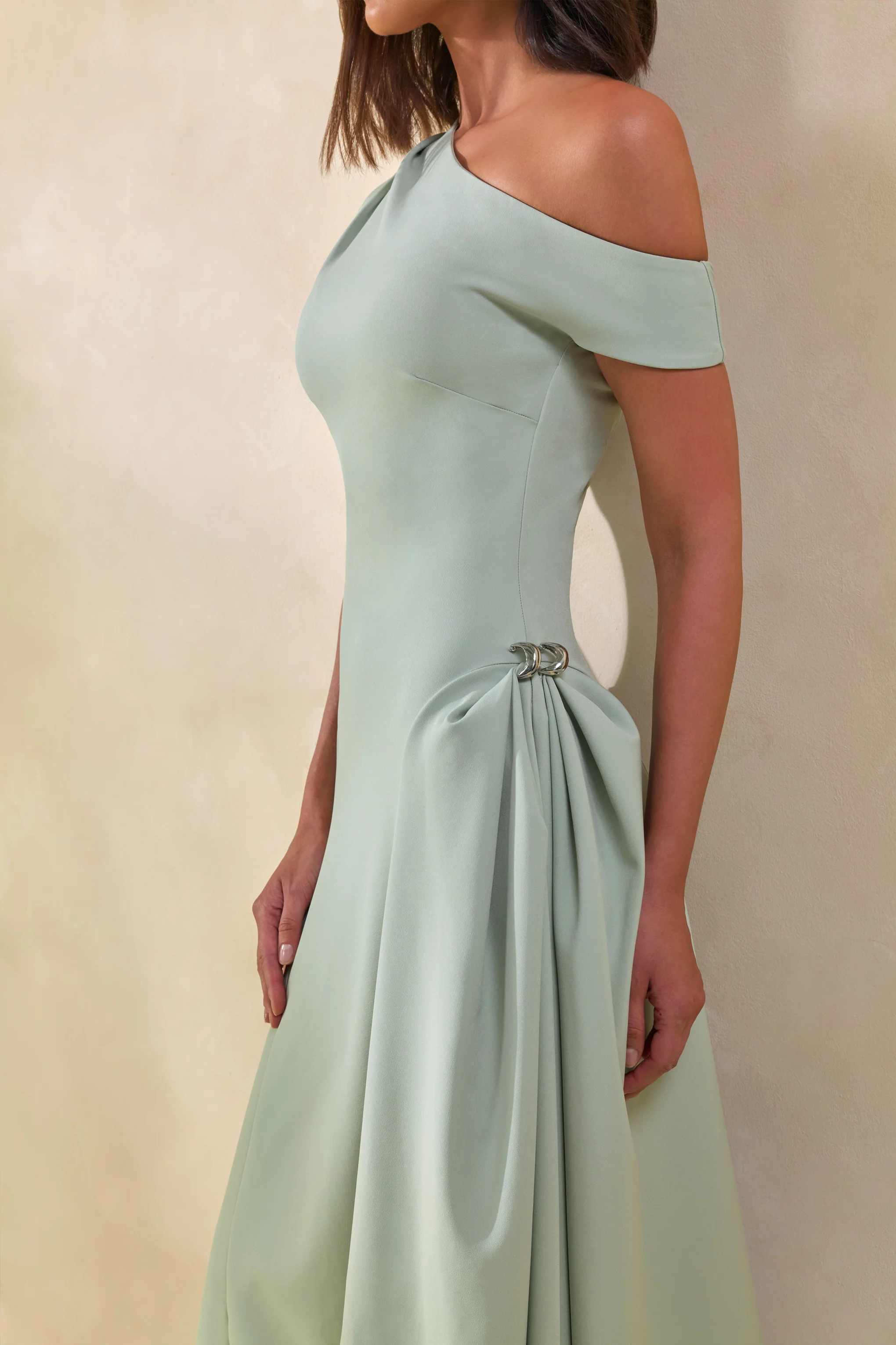 Celosia | Sage Asymmetric-Neck Midi Dress With Silver Detailing