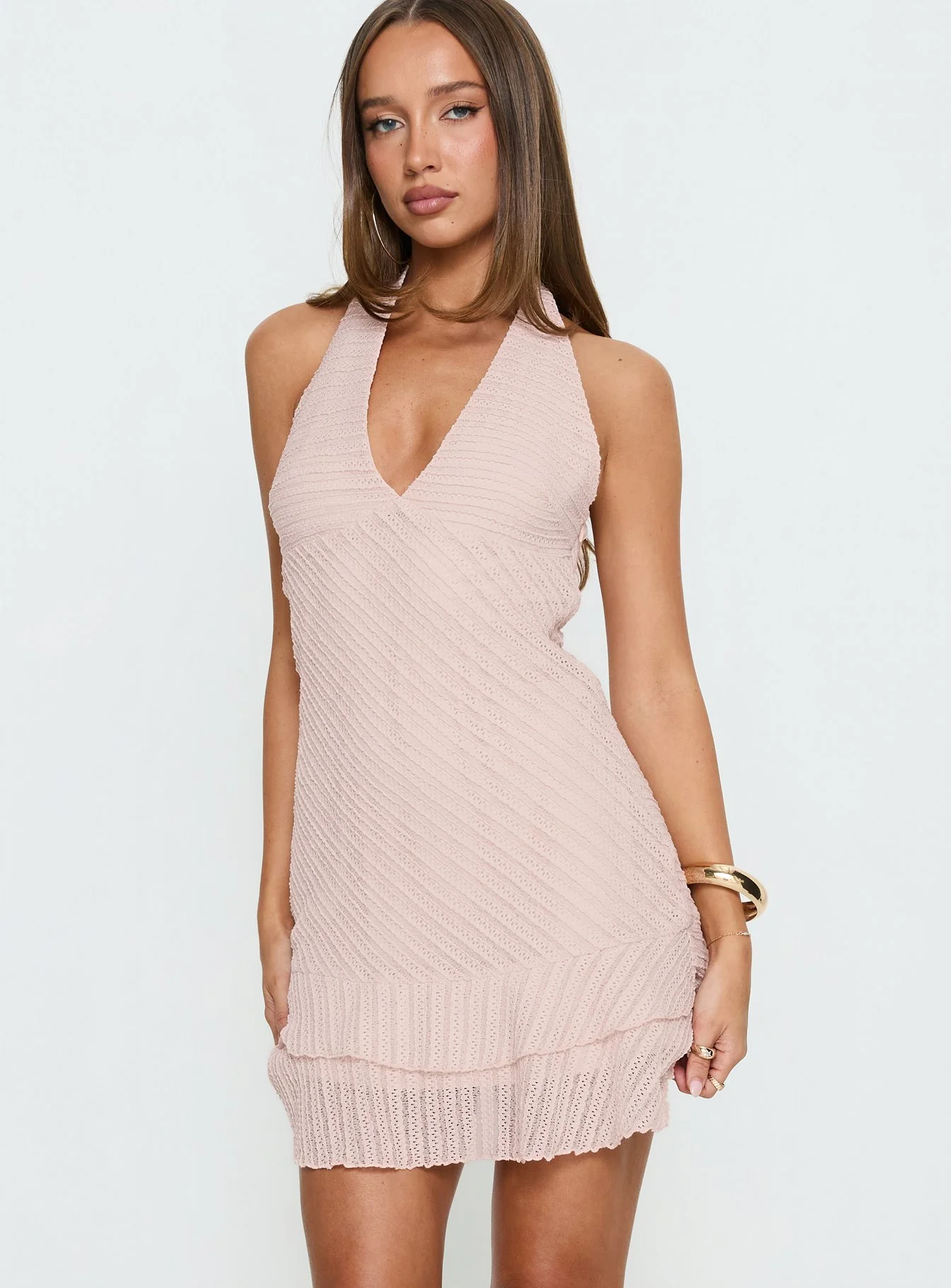 Miravelle Halter Frill Mini Dress Light Pink