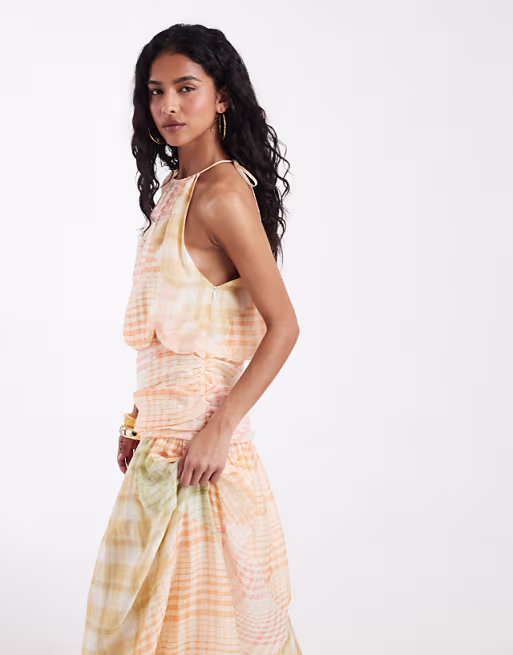 chiffon halter bubble waist maxi dress in check