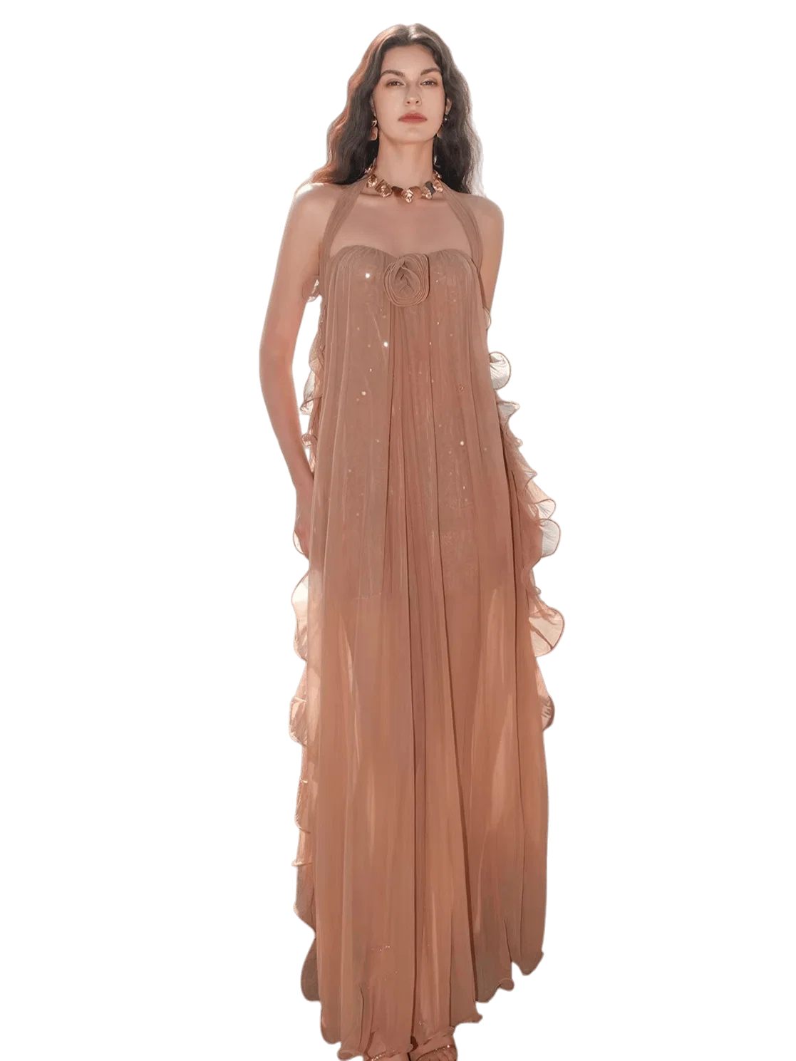 Mesh Halter Backless Strapless Maxi Dress