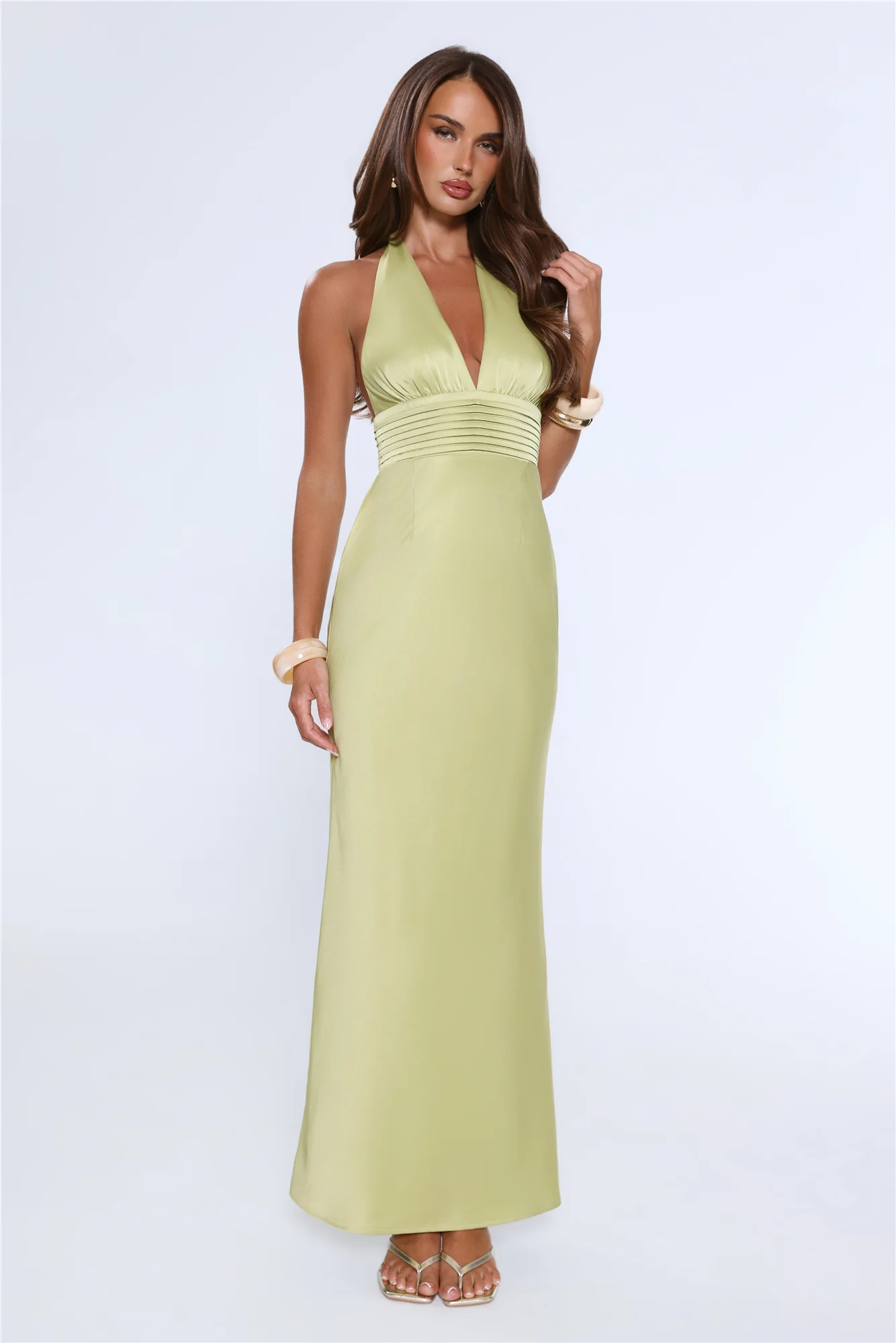 The Evening Standard Halter Satin Maxi Dress Green