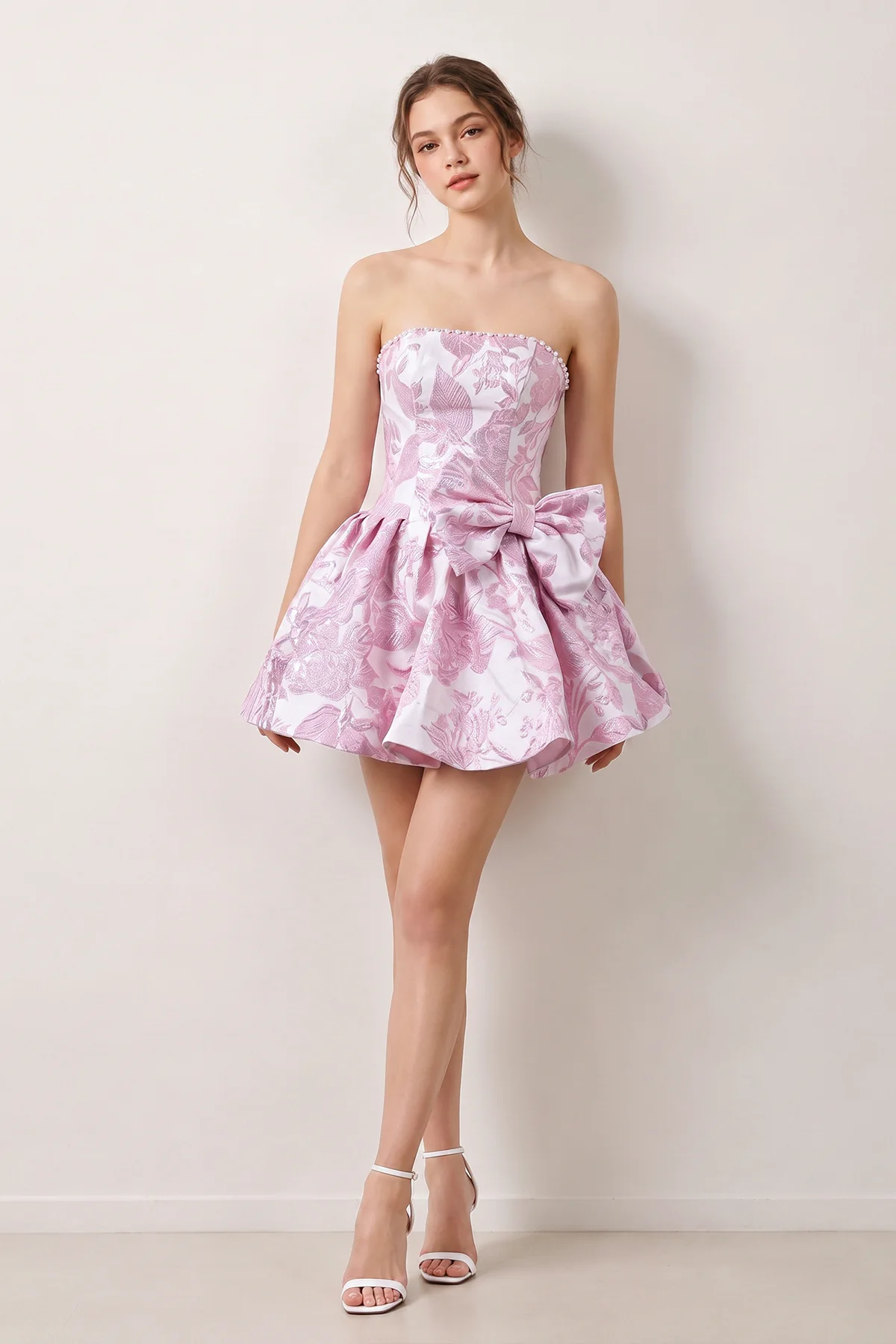 Blue Flower Jacquard Strapless A-Line Bowknot Homecoming Dress With Pearl