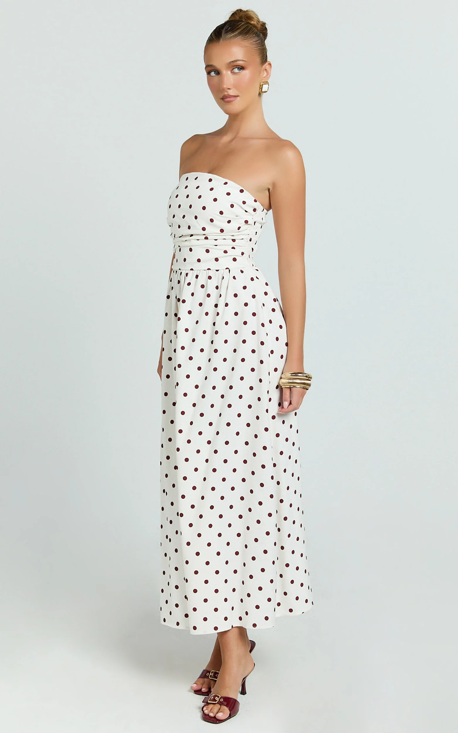 Polly Midi Dress - Strapless Ruched Dress in Red Polka Dot