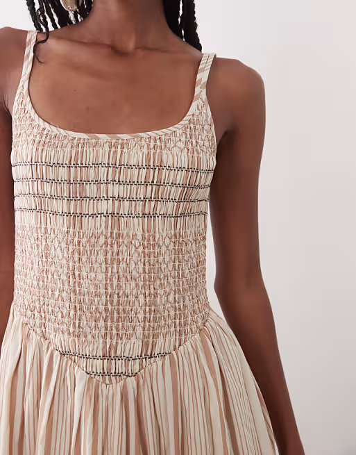 Abercrombie & Fitch scoop neck dipped waist maxi dress in brown stripe