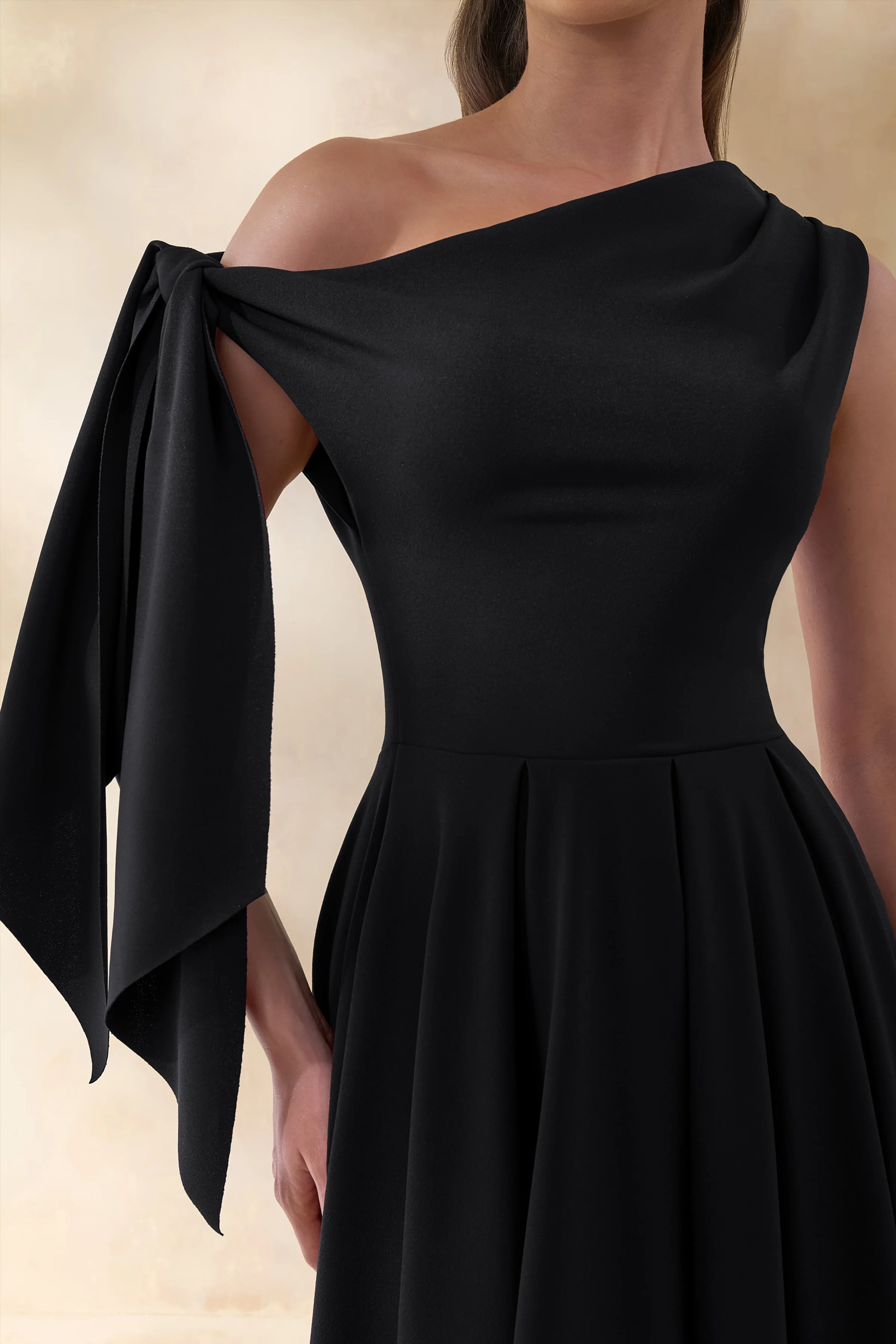 Daring | Black Asymmetric-Neck Midi Dress With Knot-Detail