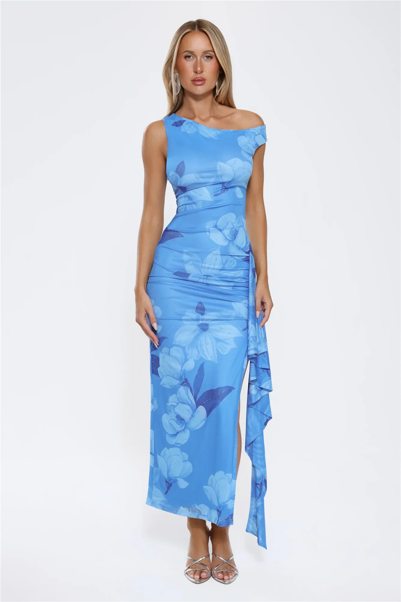 Ocean Bloom One Shoulder Mesh Maxi Dress Blue