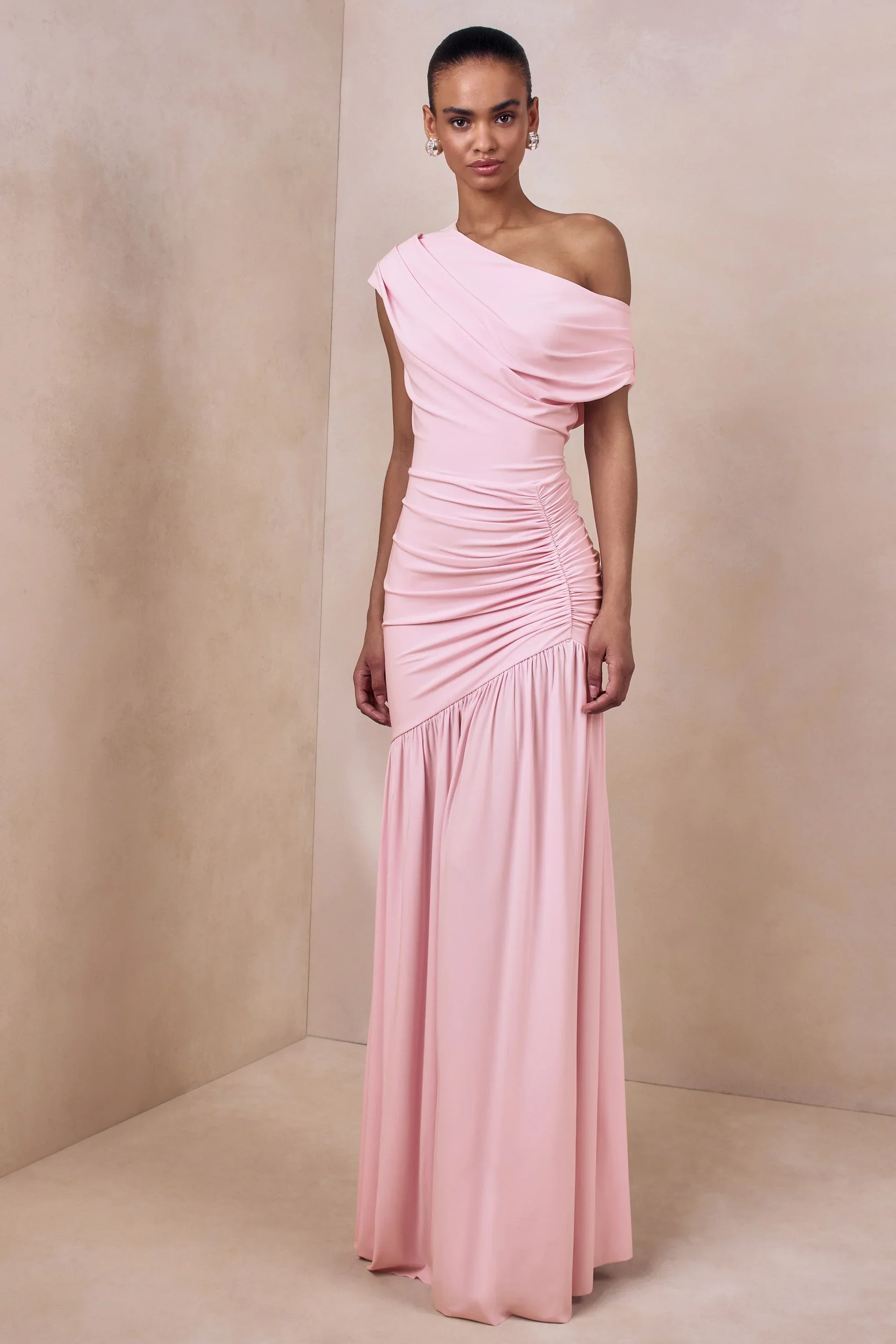 Kady | Pink Asymmetric-Neck Maxi Dress With Ruched Detailing