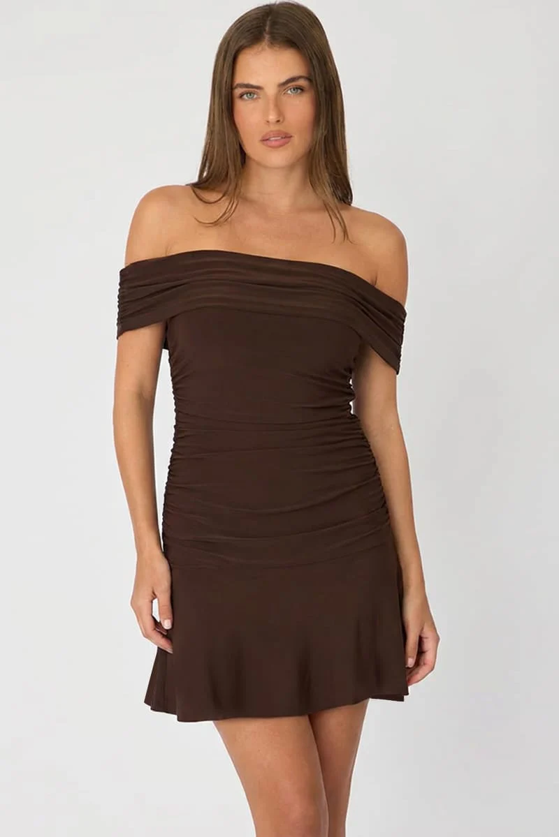 Brown Off Shoulder Dress Mini