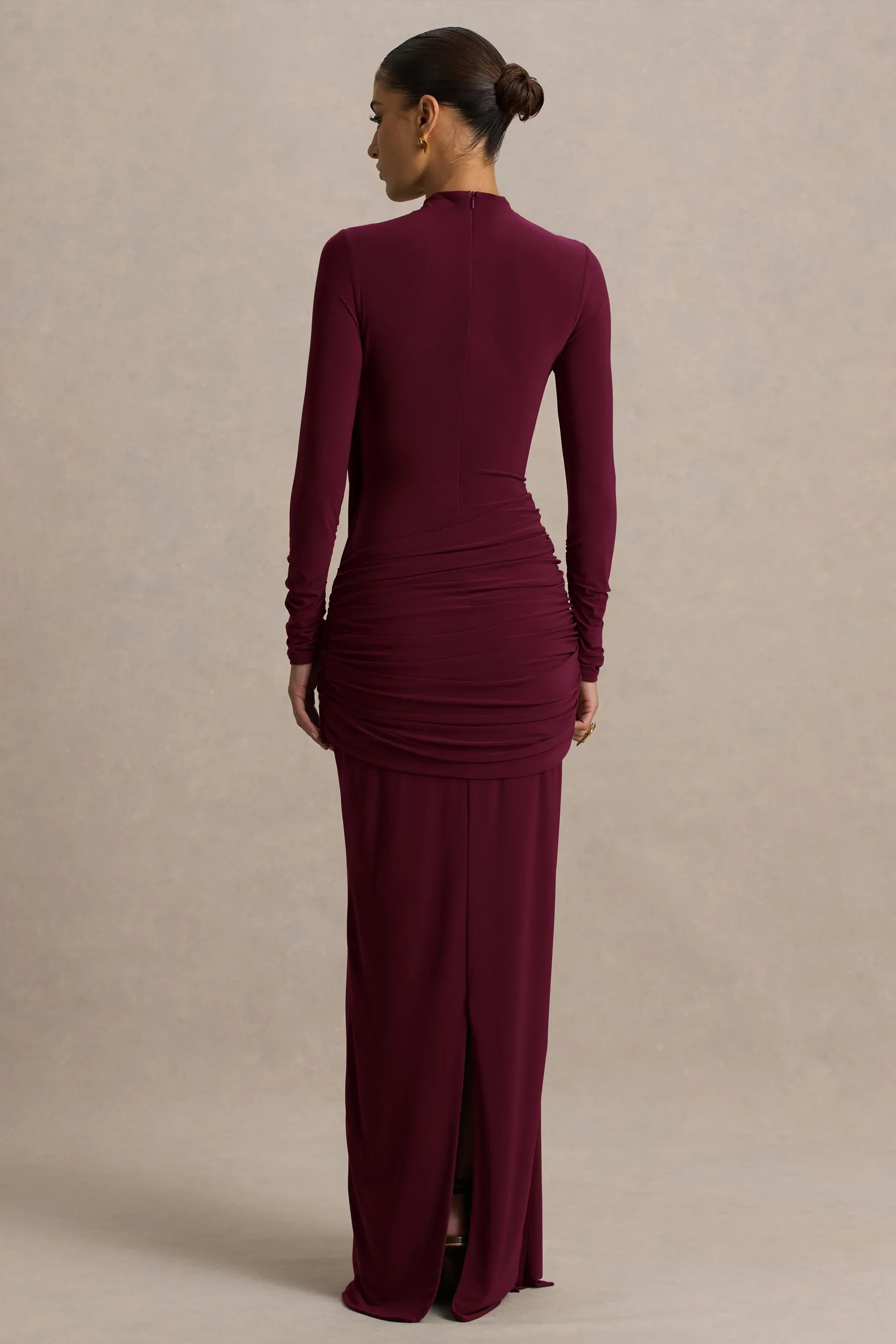 Melissa | Burgundy Long-Sleeve Wrap Maxi Dress With Draped Detailing