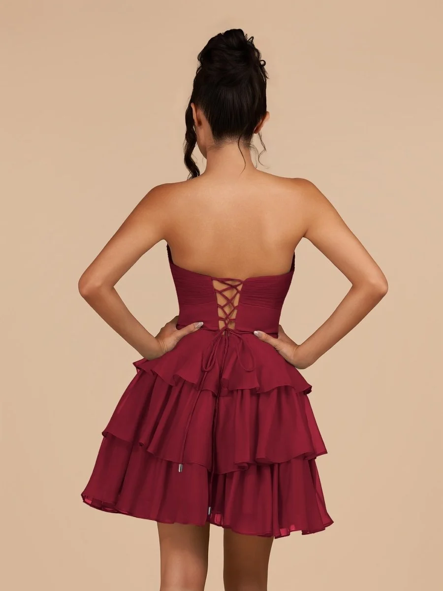 Fuchsia Strapless A Line Chiffon Ruffles Homecoming Dresses With Flower
