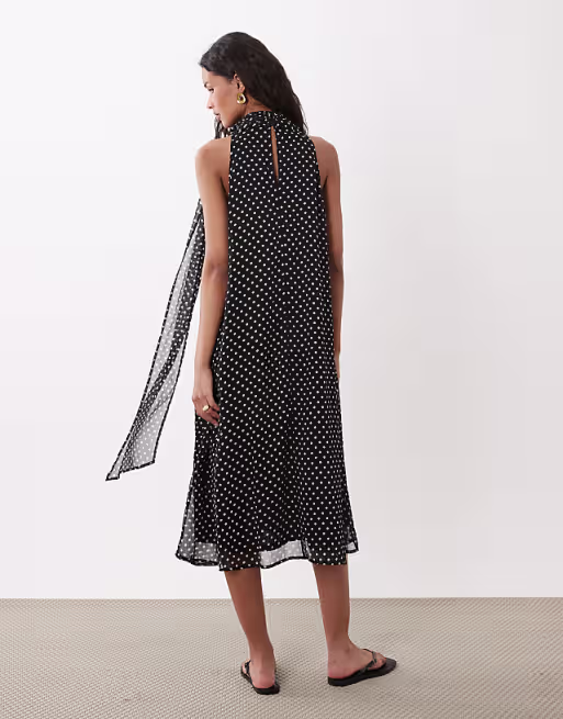 JDY halterneck midi dress in black polka dot print