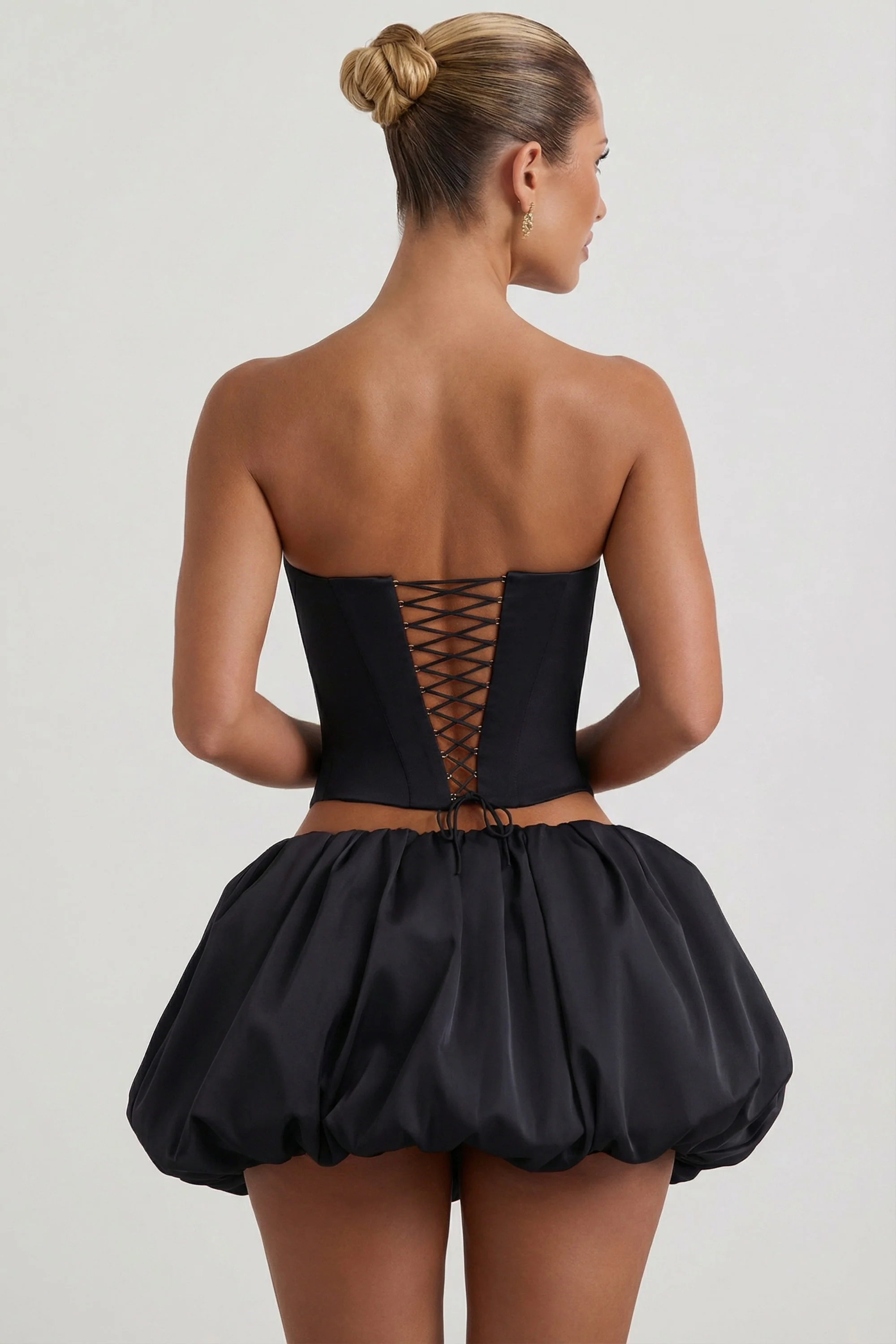 Embellished Heart Cut-Out Strapless Corset Top in Black