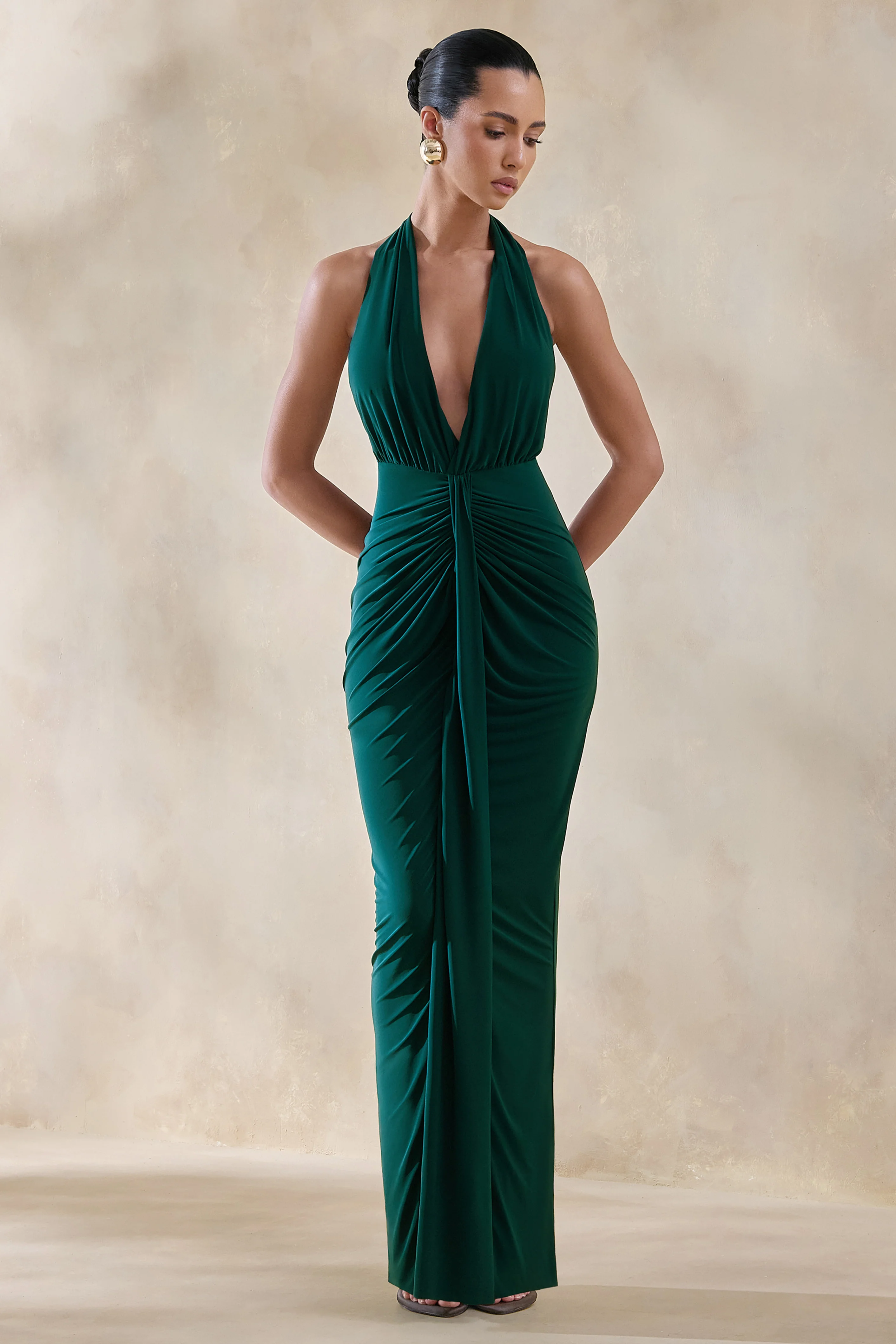 Lesley | Bottle Green Plunge-Neck Maxi Dress
