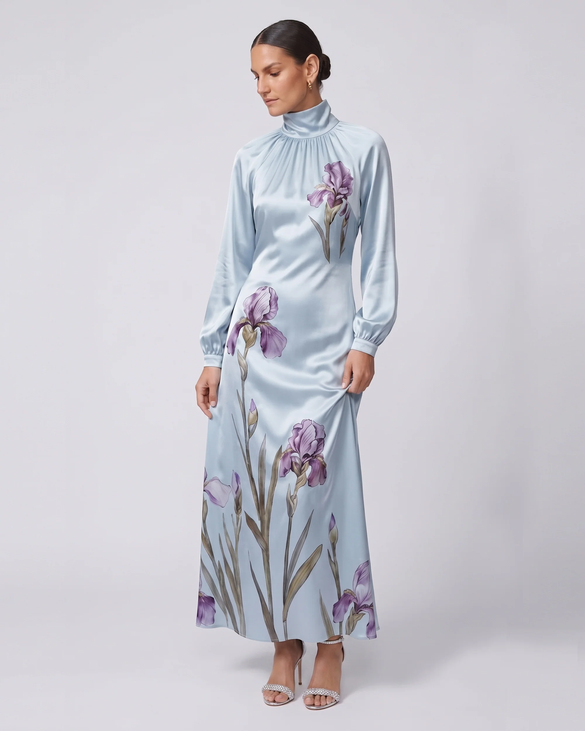 Iris Print High Neck Long Sleeve Maxi Dress - Light Blue