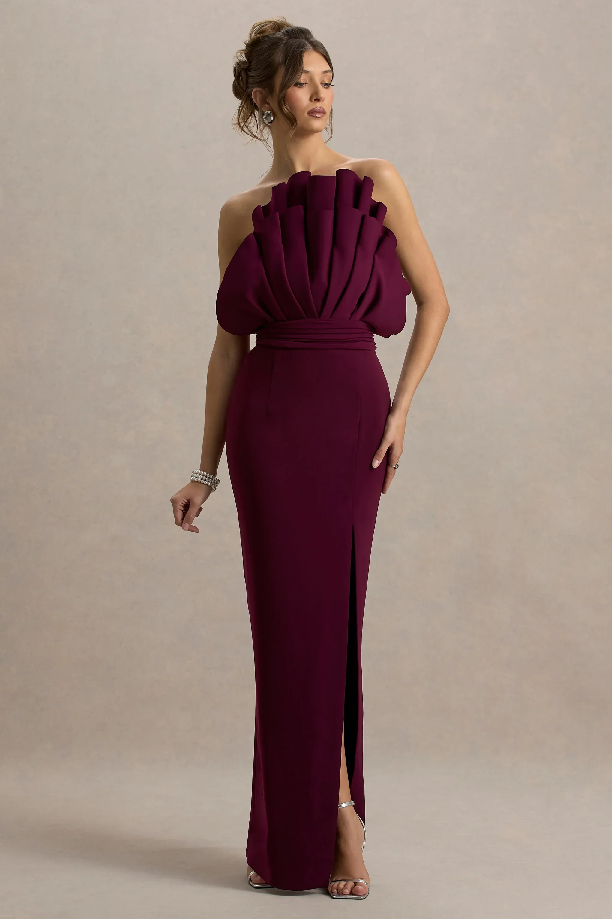 Set The Bar | Plum Ruffled Strapless Split Maxi Dress