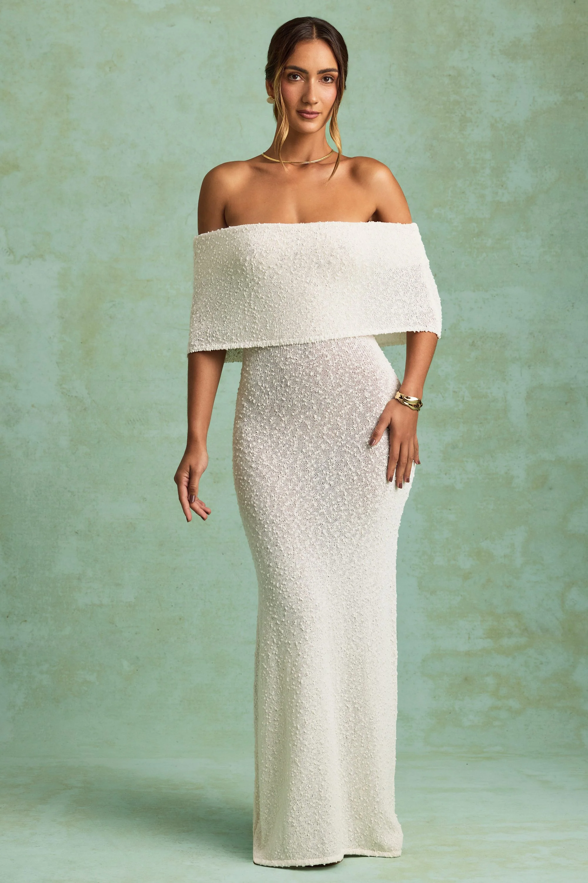 Bouclé Off-Shoulder Maxi Dress in White