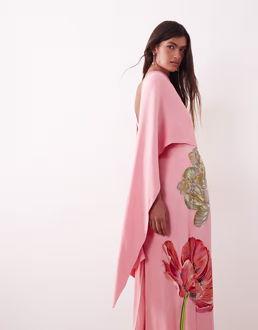 ARRANGE floral embroidered satin overlay maxi dress in pink