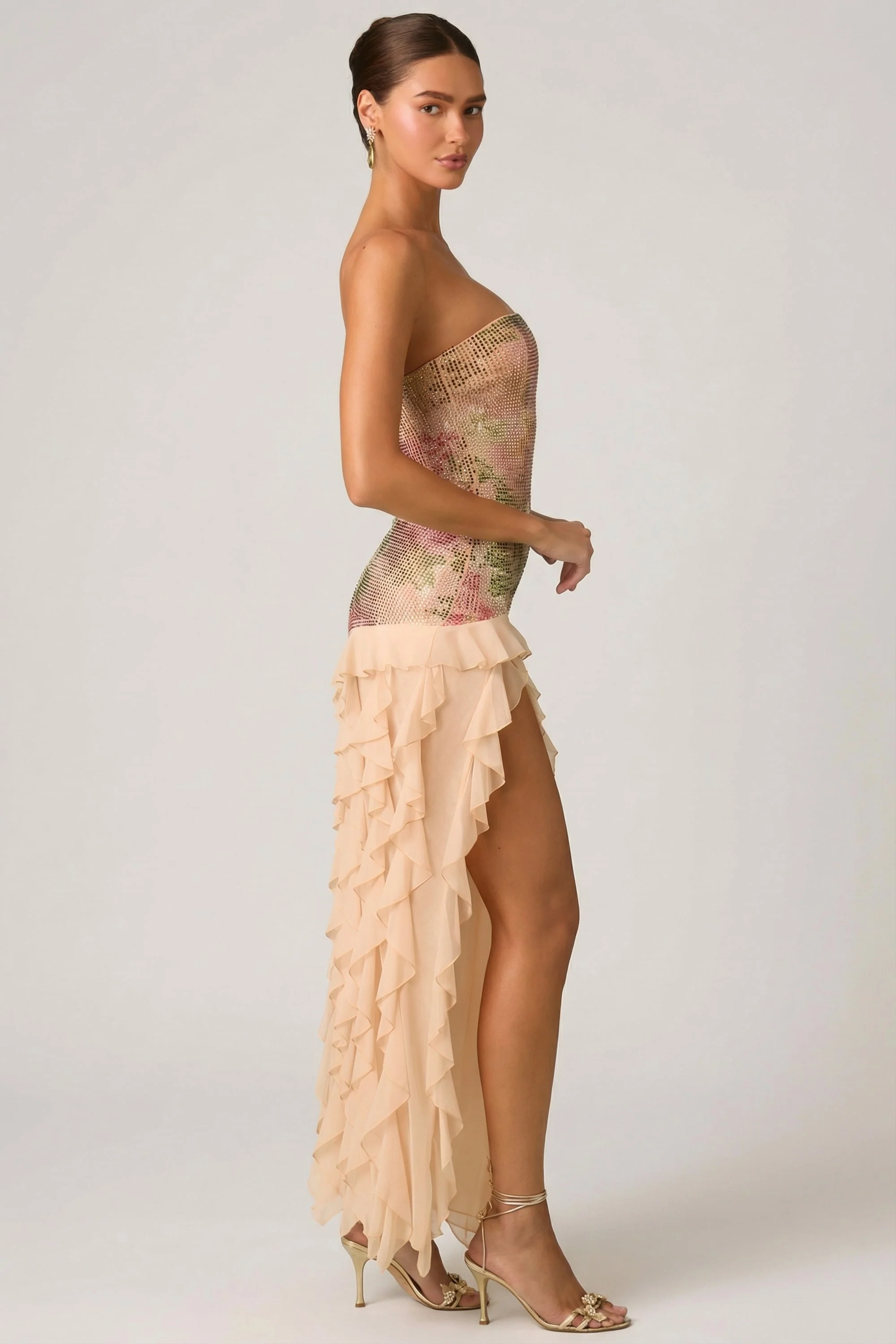 Embellished Ruffle-Trim Strapless Gown in Rose Hotfix