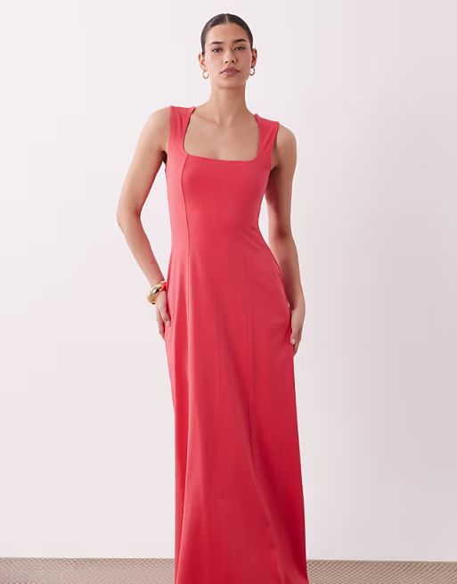 square neck seam detail midi dress in red