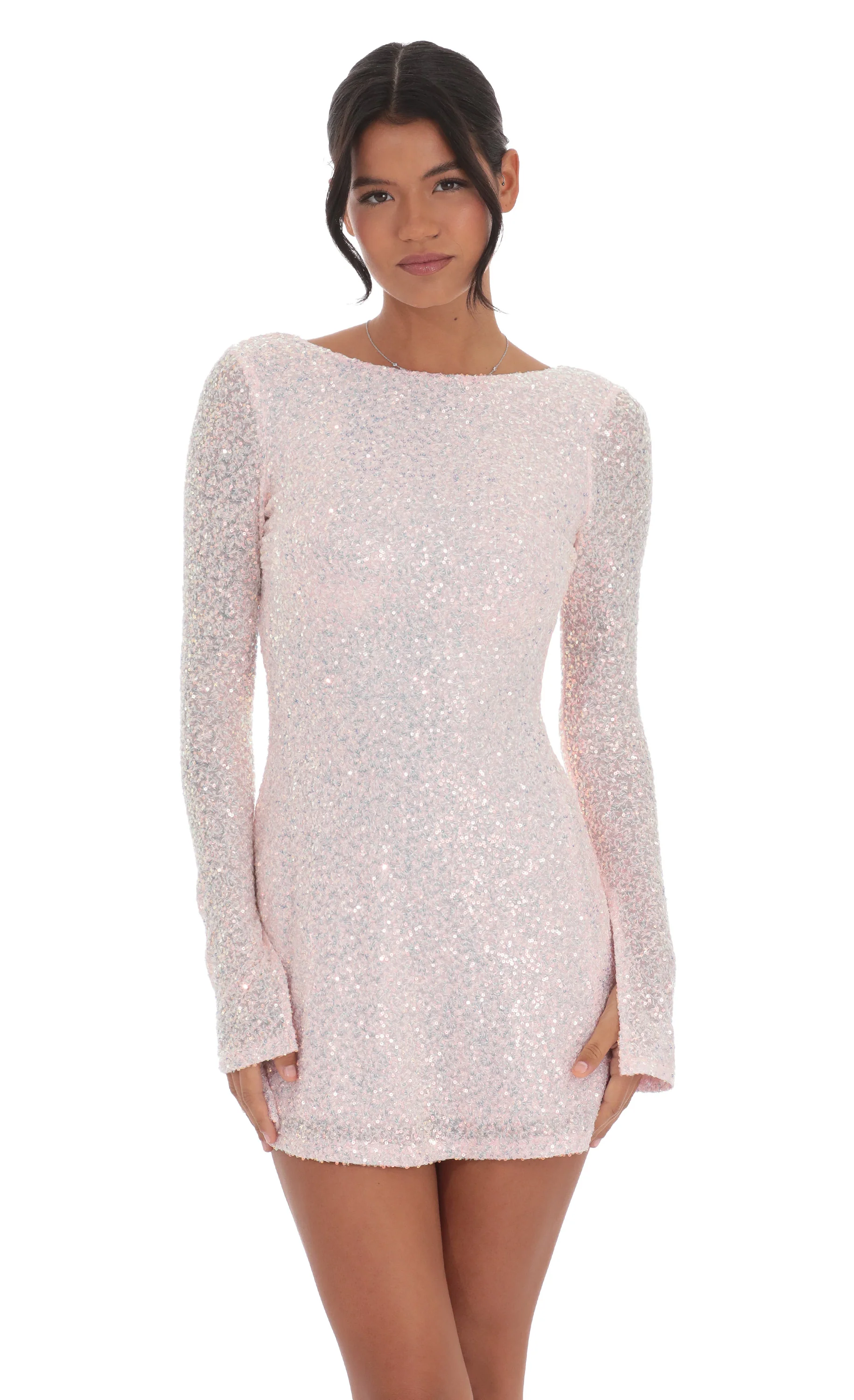 Sequin Long Sleeve Open Back Dress in Pink