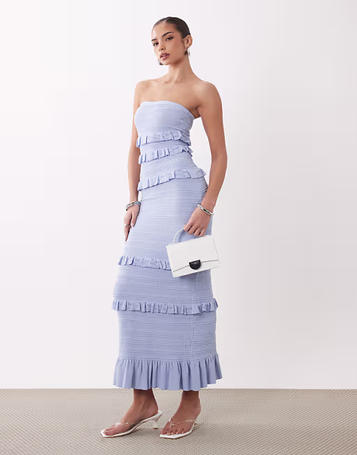 Gina Tricot tiered frill bandeau maxi dress in blue