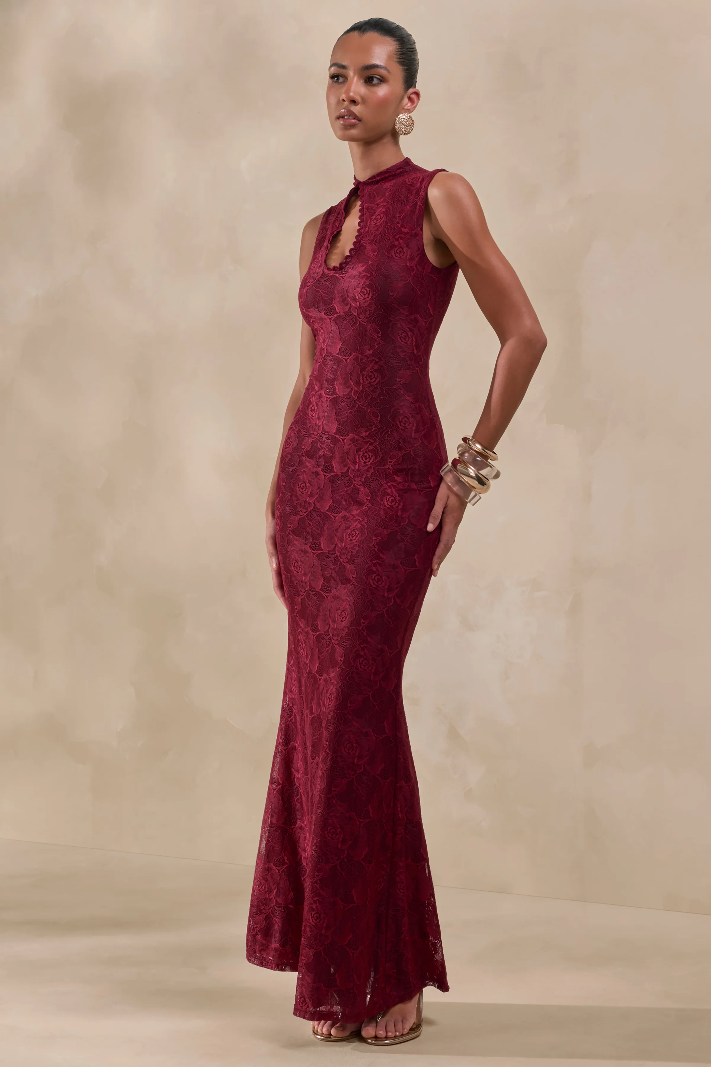 Ravissa | Burgundy Lace High-Neck Maxi Dress